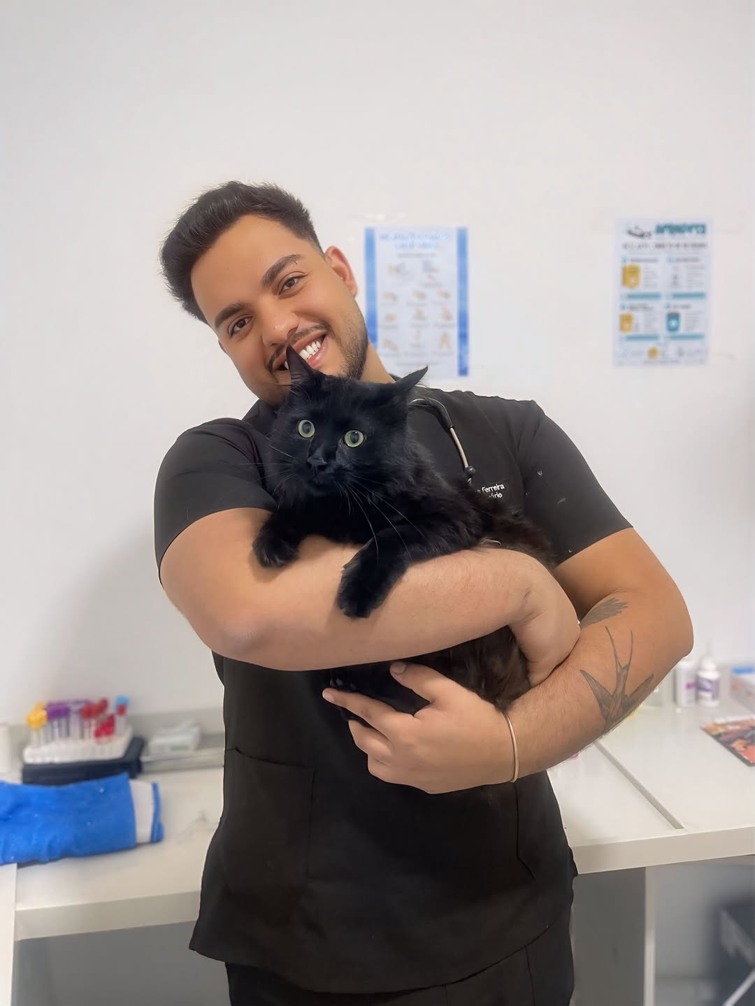 Profissional da Aeropets segurando um gato durante o atendimento